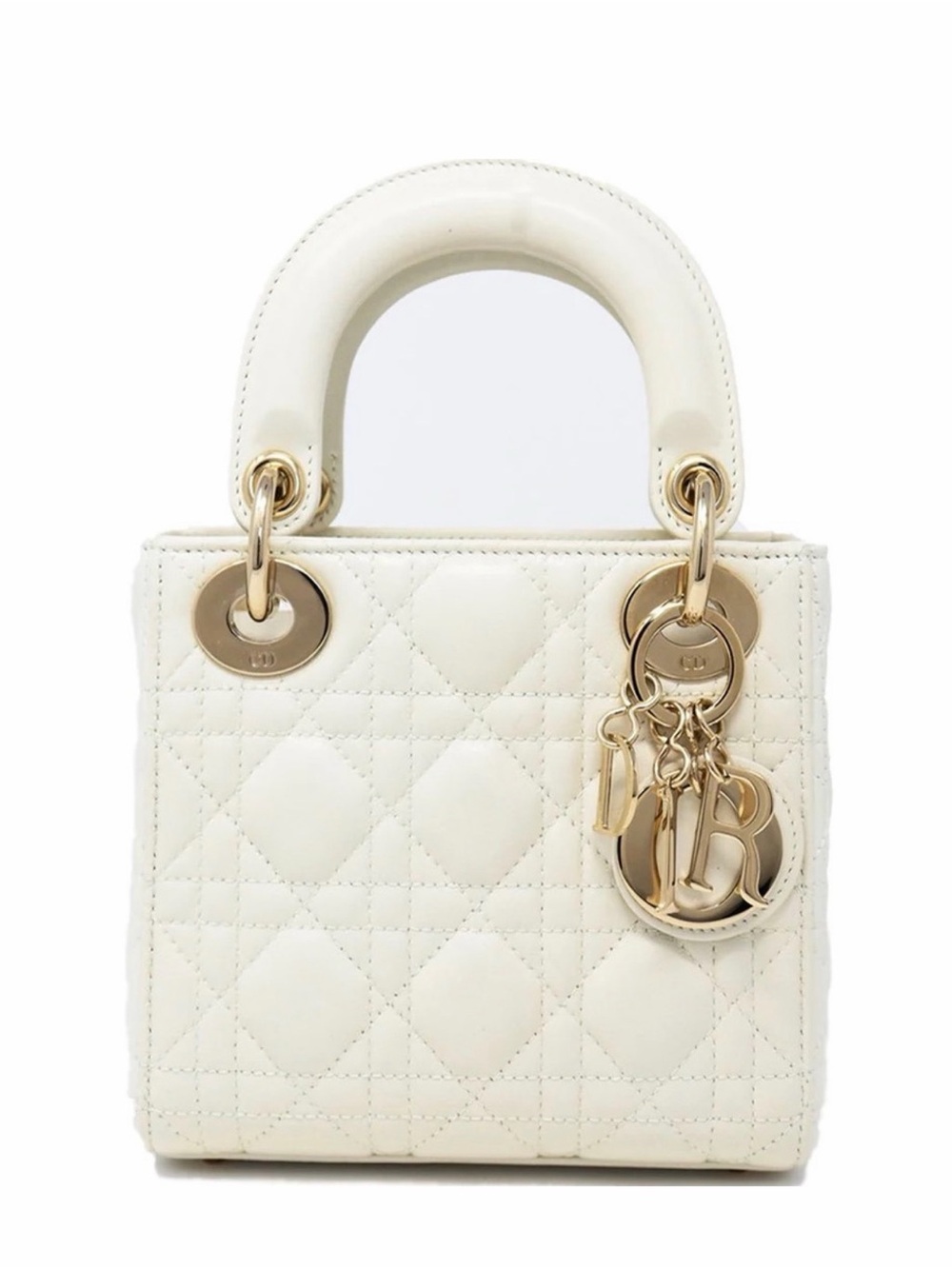 Dior Cream Quilted Lady Dior Mini Top-Handle Bag with Gold Hardware